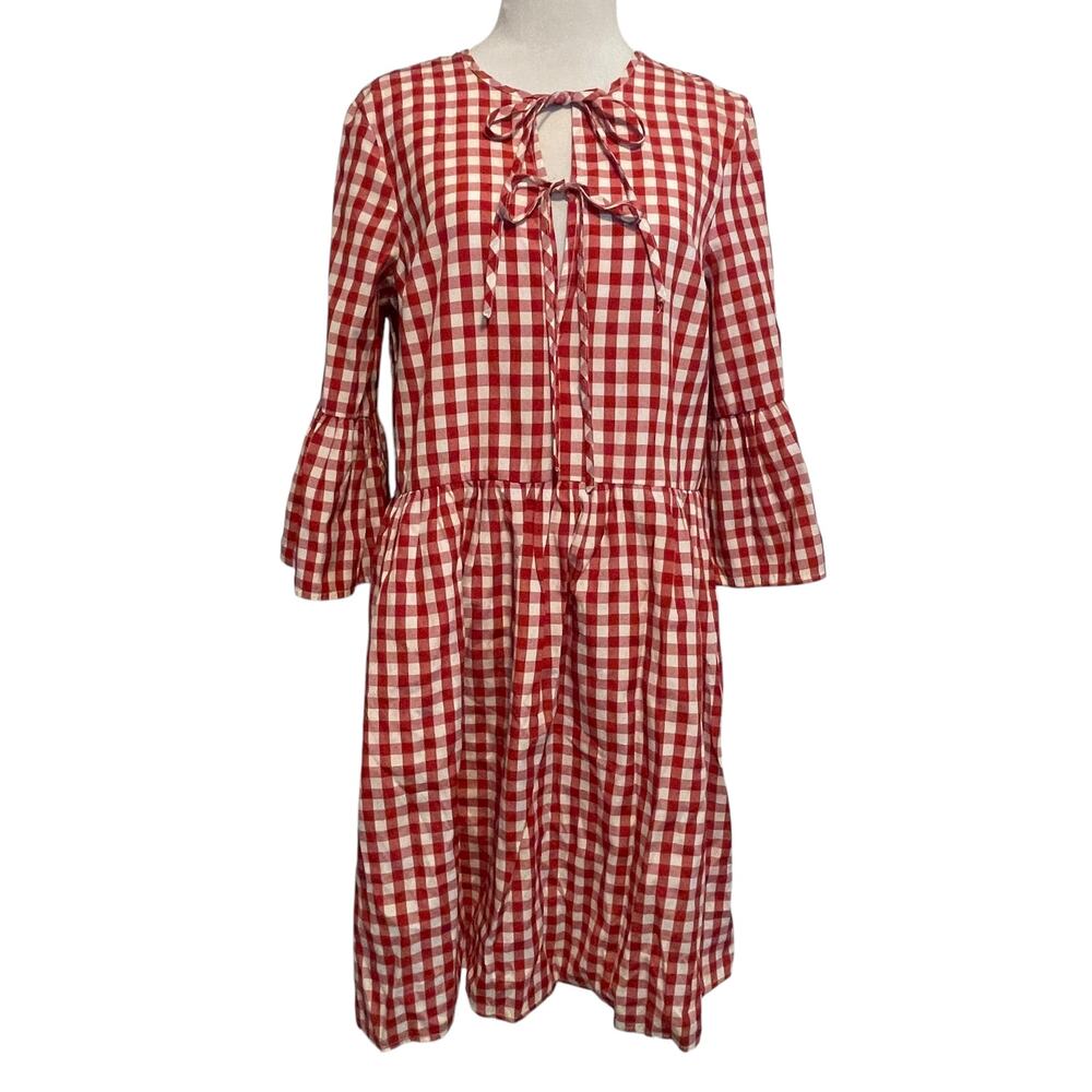 ASOS Gingham Babydoll Dress Womens Size 12 Red Tie Front Bell Sleeve Americana - Picture 2 of 9